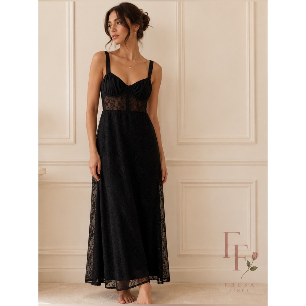Danielle Bernstein WeWoreWhat Black Lace Sheer Corset Maxi Dress XS